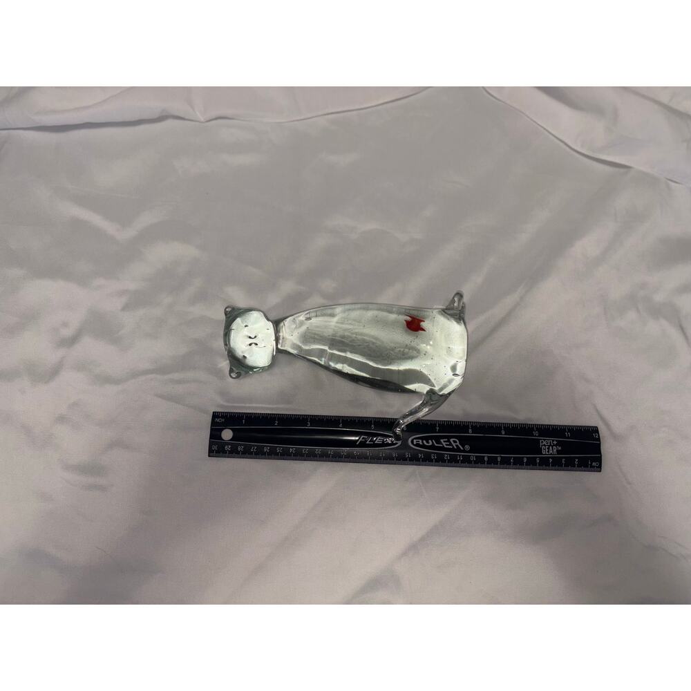 Vintage Clear Art Glass Cat Figurine Red Fish In Belly Stomach Paperweight 6"